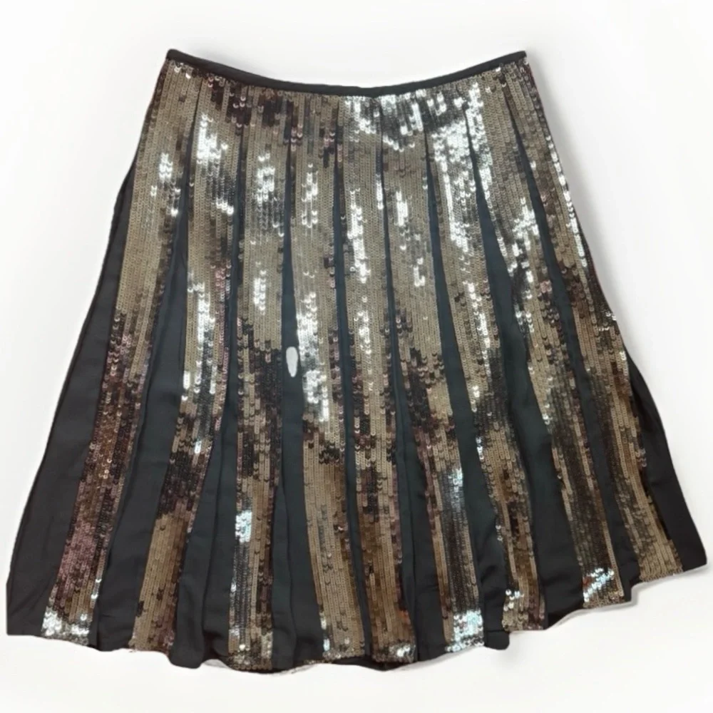 Ann Taylor Sequin Pleated A-Line Skirt 0 Black Silver Cocktail Party Holiday